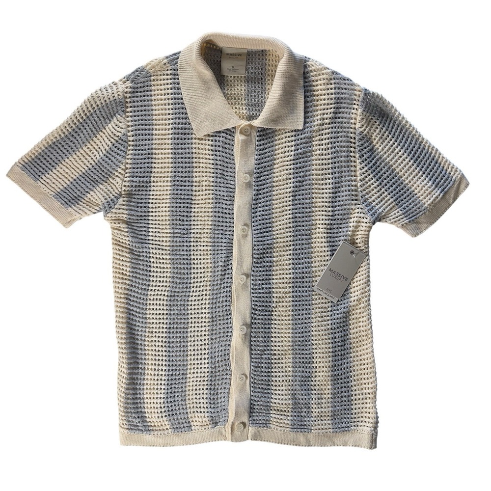 NWT Massive Luxury Crochet Open Knit Polo Shirt Men's Medium Coastal 100% Cotton